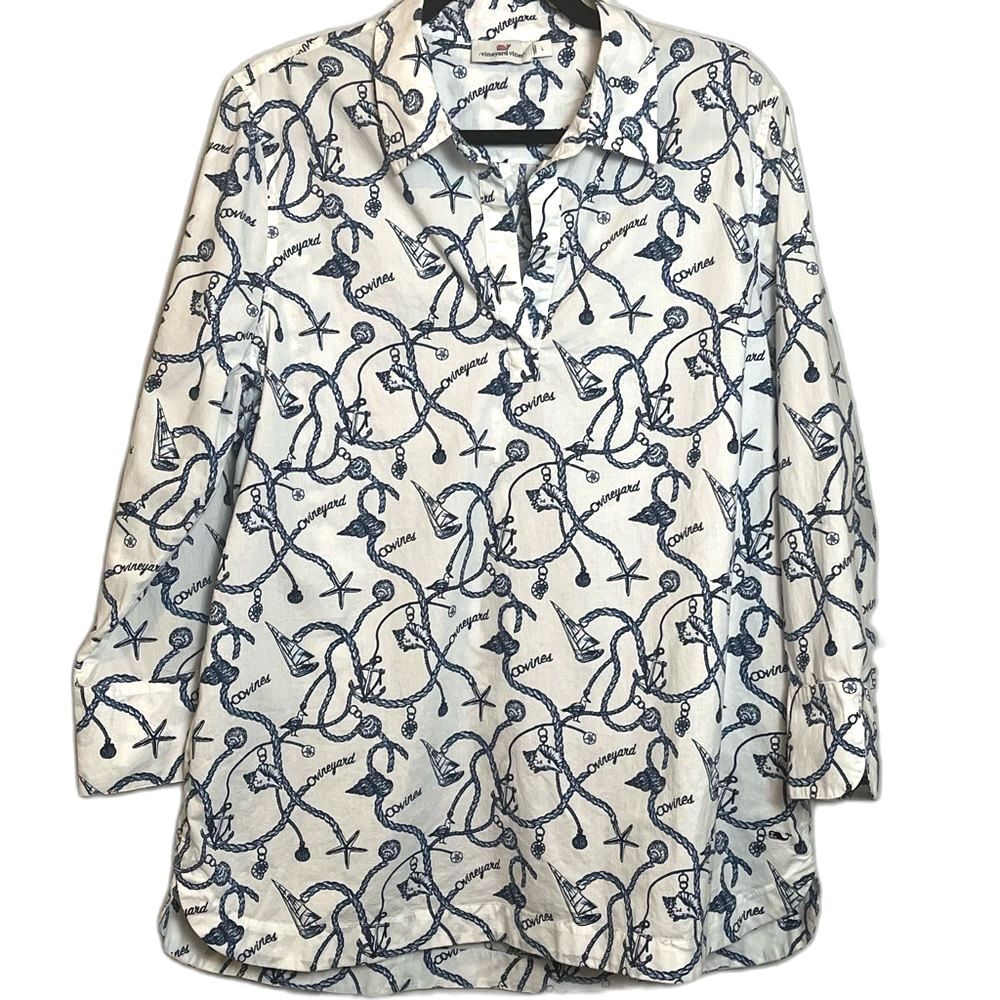 Vineyard Vines Coastal Resort Blouse Blue White Nautical Print Size Large
